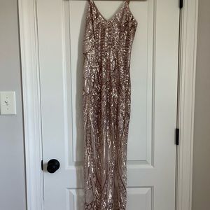 Showpo. Long elegant, Gold shimmer, Sequence dress with a slit.